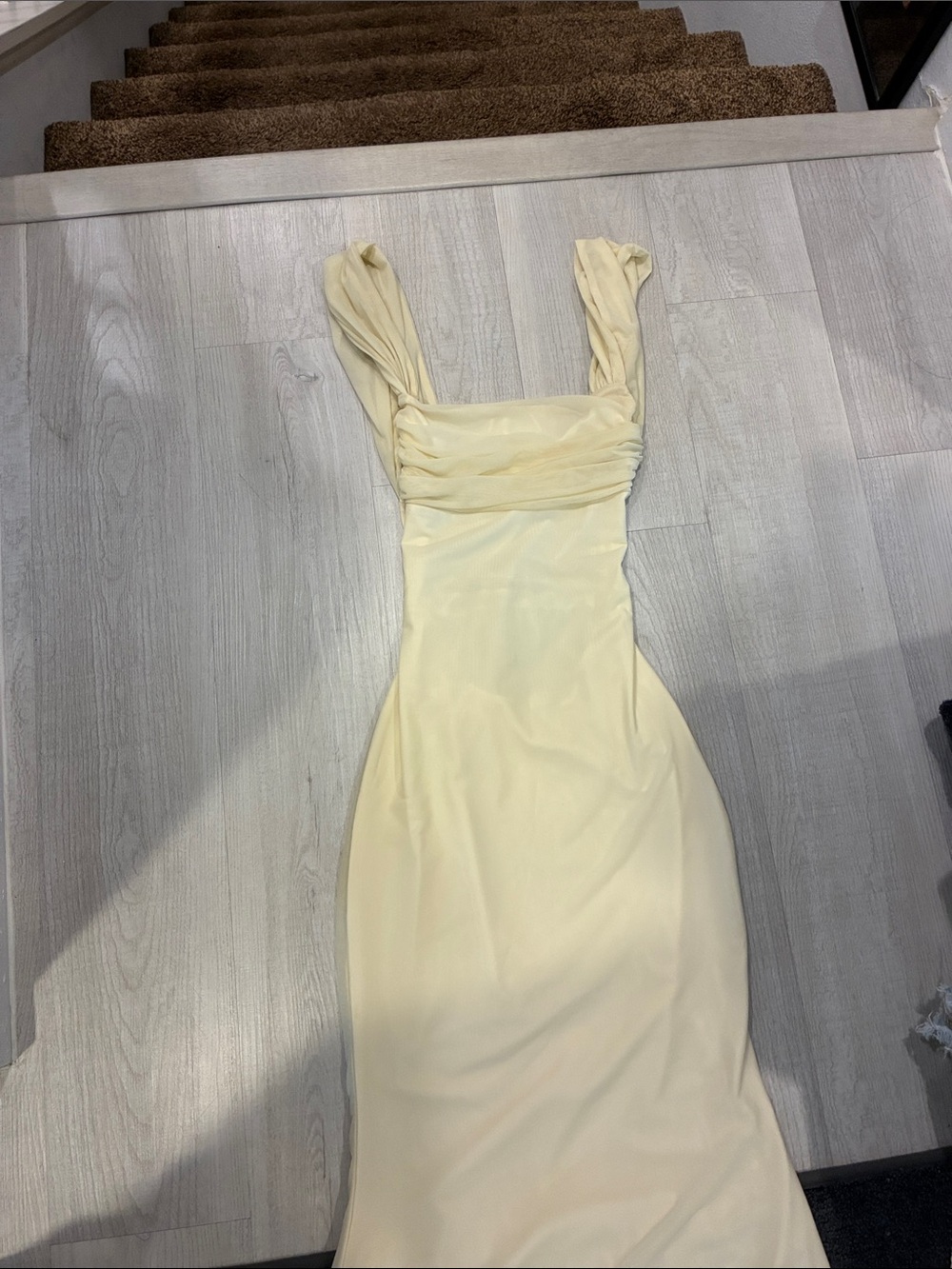 Beginning Boutique Pale Yellow Ruched Strap Maxi Dress